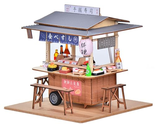 TOPBSFARNY Miniatur-Puppenhaus-Set, japanisches Sushi-Shop mit LED-Lichtern, Holz-Möbel, Baumodell, Puzzle-Spielzeug