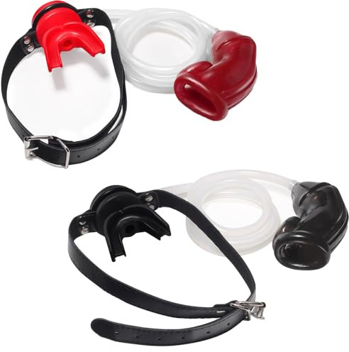 Jomyu Silikon Urinal Piss Trichter Öffnen Mouth Ball Gag mit Penishülle Dildo Piss Trichter Homosexuell Oralsex Knebel Harness BDSM Bondage Sexspielzeug für Frauen Männer Paare (Rot)