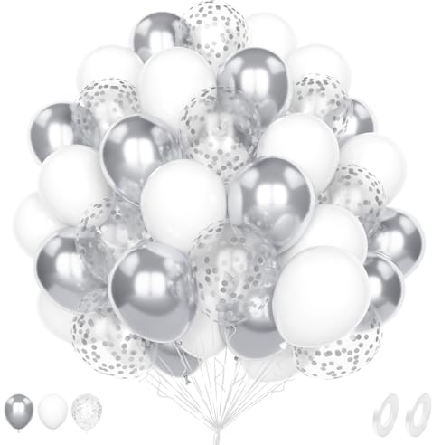 Palloncini Bianchi Argento, 60 Pezzi 12 Pollici Opaco Bianchi Metallizzato Argento Coriandoli Palloncini per Matrimonio Cresima Maschio Donna Compleanno Battesimo Anniversario Feste Decorazione