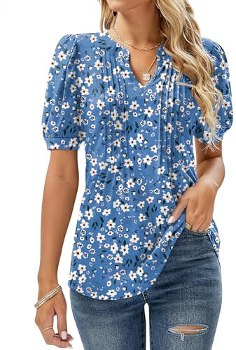 EFFAN Womens Summer Tops Short Sleeve Casual T Shirts Soft Tunic Blouses for Women UK Elegant Blue White Floral M (UK 12-14)