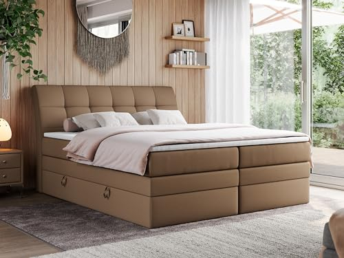 MKS MEBLE King Boxspringbett 120x200, Polsterbett 120x200 mit Bettkasten, Bett 120x200 mit Multipocket-Matratze H3, Boxspringbett 120x200 mit Kopfteil und Topper - H3 Braun Kunstleder - Gold-10