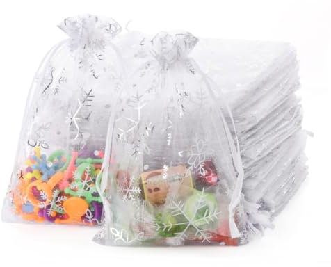 CLTPY 100 Stück 13x18 CM Organzasäckchen Weihnachten Weiß, Schneeflocken Organza Säckchen, Schmuckbeutel, Geschenksäckchen, Geschenk Organzabeutel, Geschenkbeutel Weihnachten für Hochzeiten Party