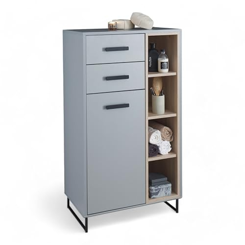 Stella Trading Tunis Badezimmer Kommode in Grau/Eiche Sonoma Optik - Badezimmerschrank Bad Schrank mit viel Stauraum - 65 x 116 x 38 cm (B/H/T)