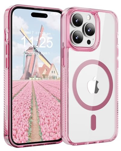 SOOFUN Antiscivolo Cover per iPhone 14 Pro, Custodia per Telefono Trasparente Classica, Custodia per iPhone 14 Pro, Retro AntiGraffio Trasparente Antiurto Telefono Cover (Rosa)