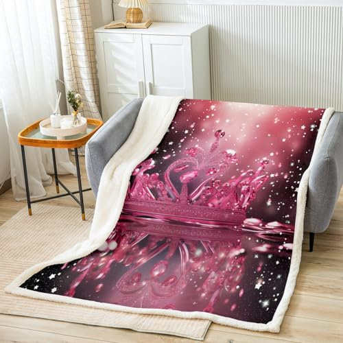 Loussiesd Rosa Krone Flanell Fleecedecke Prinzessin Krone Decke 100x130cm für Lady Mädchen Jugend Glitter Krone Decke für Sofa Kuscheldecke Rosa Diamanten Wohndecke