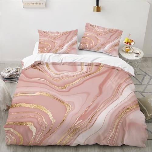 Housse de Couette 140x200 Marbre Motif Rose Blanc Doré Parure de lit 1 Personne Microfibre Housse Couette avec Fermeture éclair 220x240 Modern Motif 3D Linge de Lit et 1x 65x65cm Taies d'oreiller
