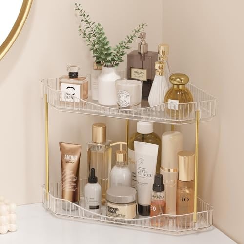 Lifewit 2-Tier Bathroom Organiser Countertop Storage, Plastic Makeup Skincare Organiser, Vanity Perfume Trays Counter Shelf, Corner Shower Caddy, Corner Storage in Dresser, Bedroom, Kitchen, Clear