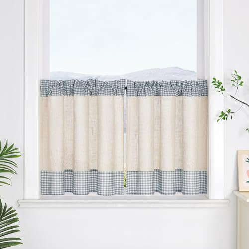 SCHOAL Scheibengardine mit Tunnelzug Leinenoptik Fenstergardine mit Karo Landhaus Kleinfenster Gardine Kariert 1 Stück HxB 45x120 cm Blau