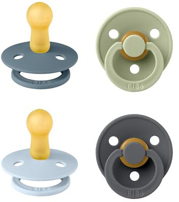BIBS Colour Schnuller 4er-Pack. BPA-frei. Kirschform Nippel. Naturkautschuk/Latex. Hergestellt in Dänemark. Größe 2 (6-18 Monate). Baby Blue Mix