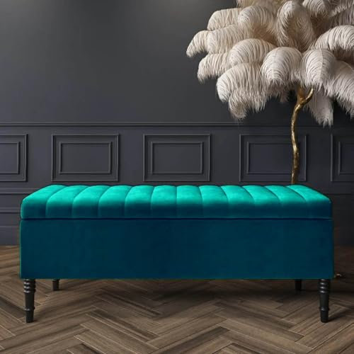 Safar Striped Ottoman Storage Bench, End of Bed Bench with Legs, Entryway Bench with Storage, Shoe Storage Ottoman Box, Rectangle Storage Footstool (Emerald Green Velvet, 4ft6 (137x40x50)CM)