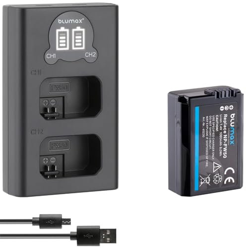 blumax Battery Replacement for Sony NP-FW50 [1080 mAh] + Mini LCD Dual Charger for Alpha 7 7II 7R 7S II 6300 6500 / NEX-7 NEX-F3 / DSC RX10 IV // ZV-E10