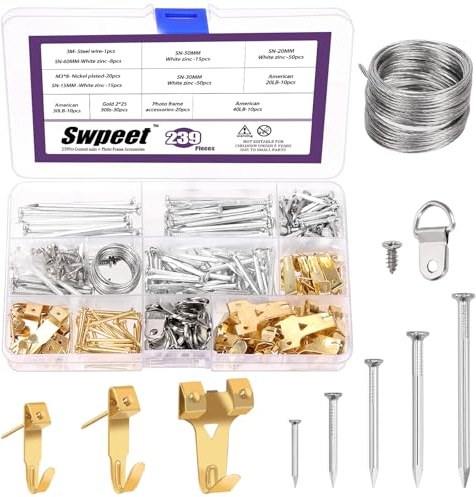Swpeet Kit de suspension de 239 pièces, outil de suspension de cadre photo, y compris crochets de suspension dorés, anneau en D, clous pour accrocher des photos, fil, vis autotaraudeuses, pour