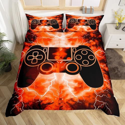 Loussiesd Gamer Bettwäsche Set 135x200cm Blitze Gamepad Bettbezug Set Schwarz Orange für Spielkonsole Betten Set Gaming Modern Raumdekoration für Schlafzimmer Bettwäsche-Set für Jungen Mädchen