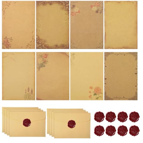 8 Stück Vintage Briefpapier mit Umschlag Set,Briefpapier Edel für Hochzeits,Liebesbrief Papier,Vintage Schreiben Set mit 8 Kraftpapier Umschläge, 8 A5 Briefpapier und 8 Wachssiegel-Aufkleber