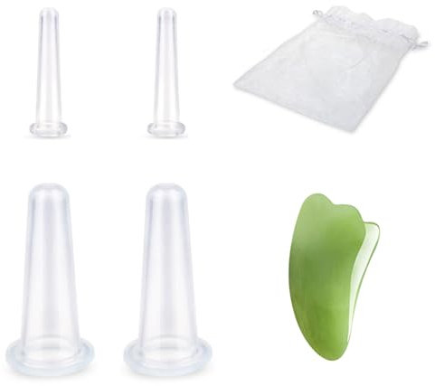 Ventosas al Vacío de Silicona, Ventosas Faciales, Ventosa Celulitis Silicona, 4 PCS Ventosas de Masaje Faciales de Silicona, Tabla de Raspado Facial, para Alivio del Relajación, Trae una Bolsa