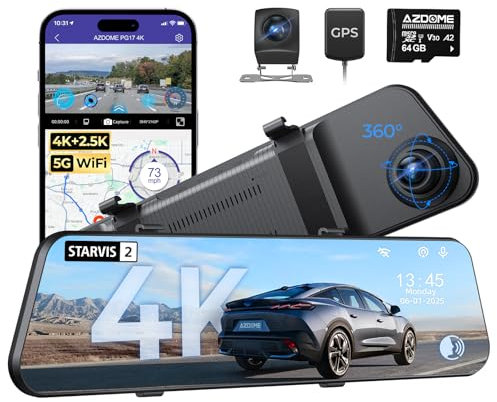 AZDOME PG17 Pro 4K+2.5K STARVIS 2 Dashcam Auto Vorne Hinten mit HDR, 5GHz WiFi Autokamera, 128 GB-Karte, 12 Dual Spiegel Dashcam Auto, Super Nachtsicht, Sprachausgabe, GPS, 24Std. Puffer Parkmodus