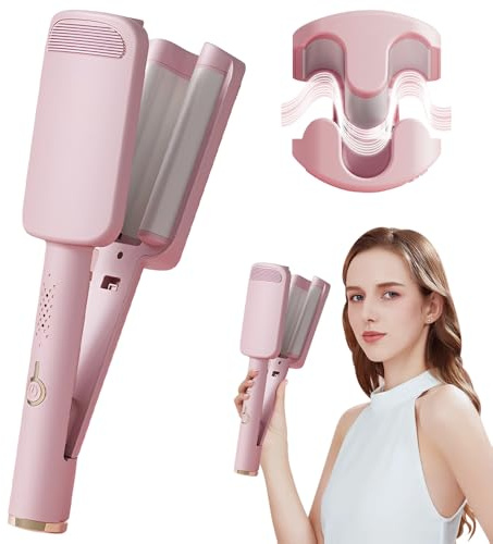 KBIBCK French Egg Roll Curling Iron, 32mm Big Wave Hair Curler, 4 Temperature Control, V Shaped Hair Curling Iron for Perfect Waves (Pink)