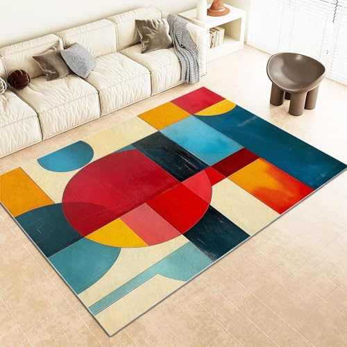 AAFUOO Wohnzimmer Teppich 140x200cm Modern Geometrischer Figuren Kreise Quadrate Waschbarer Teppich, Abstrakte Anti-Rutsch Teppich, Bunt Weich Kurzflor Teppich für Schlafzimmer Esszimmer Kindzimmer