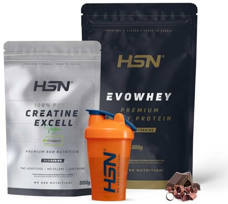HSN Creatina 100% CREAPURE® en Polvo 500g Sin Sabor + Evowhey Protein 500g Chocolate + SHAKER BOLA MEZCLADORA | No Incluye Dosificador | Libre de Contaminantes
