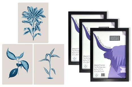 Artery8 Blue on Beige Plants Wall Art - Set of 3 A4 Sized Art with Black Frames - Modern Style Detailed Leafy Botanical