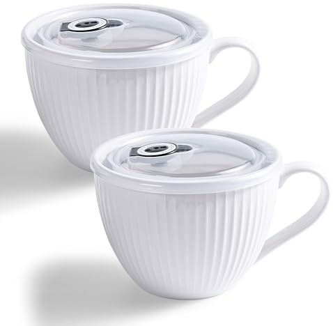 Hoilse Ceramic Soup Bowl with Handle – Large 680ml Microwave Soup Mug with Lid, Soup Container & Cup for Ramen, Porridge,Meal Prep, Breakfast,Ideal Housewarming Gifts - Set of 2 (White) | Microwave Safe Bowl for Soup, Oatmeal, Cereal, Dessert, Ice Cream and Leftovers, Dishwasher Safe for Home or Office