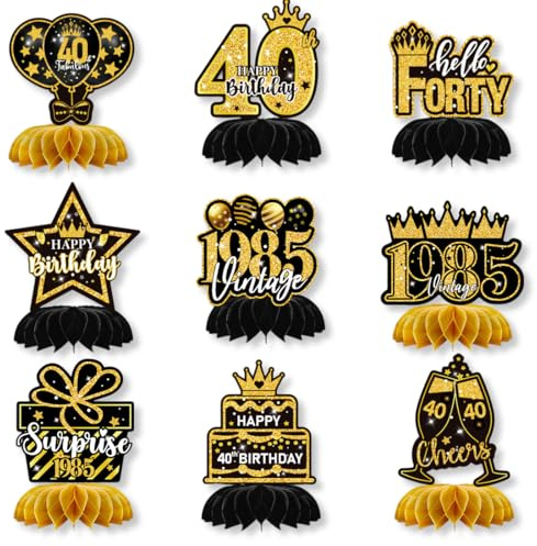ZORVYN 9 Pezzi Decorazioni Tavolo 40° Compleanno Centrotavola a Nido d'Ape, Addobbi per Festa 40 Anni Uomo e Donna, Decorazioni Eleganti in Nero e Oro