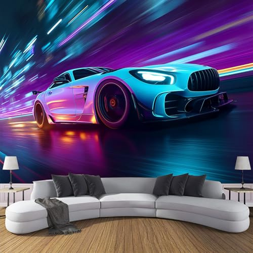 ANALTIRCE 3D Wall Mural Neon Speeding Sports Car Print Photo Wallpaper, Luxury Purple Non-Woven Wall Mural Decoration Poster Blurred Car Shadow Picture, 368×254cm Murals for Living Room Kids Bedroom
