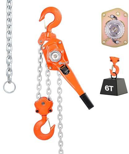 VEVOR Hebelzug, 6 T Kapazität, Handkettenzug, 30 m Hub, Hebezug G80-Legierungsstahlkette mit mechanischer Doppelsperrklinkenbremse, Ratschenzug 360° drehbare Haken, für Lagerhaus, Bau, Garage