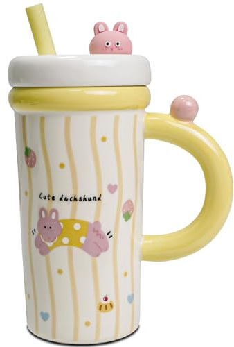 Mugtide Ceramic Mug, with a Cute Little Trinkets Embedded in The Lid, Comes with a Straw, Adorable Ceramic Tea Cup, Cute Coffee Mug, a Gift for Boys, Girls, and Family (Rabbit)