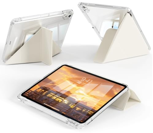 KTGGHG Clear Case for iPad A16 11th/10th, Multi-Angle Stand, Cream White | Transparent Hard PC Back, Pencil Holder, Shockproof TPU Frame, Soft PU Leather, Y-fold Cover for iPad A16, Auto Wake/Sleep