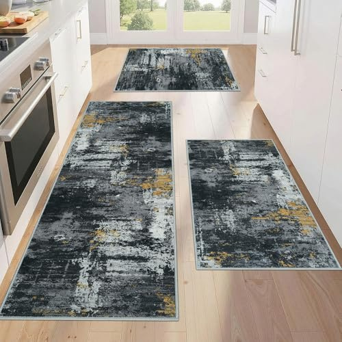 Edlbaegy 3 Pieces Kitchen Rug Runner Non-Slip Washable Kitchen Mat for Floor Modern Low Pile Carpet Runner for Entrance Door Hallway Laundry Black 50x120cm+50x80cm+50x80cm