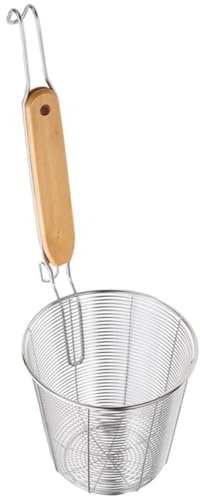 GAROZATION Passoire à Pâtes en Acier Inoxydable avec Anse en Bois, Légère et Sécurisée Cuisine Scolaire et Cuisson Maison, Panier à Spaghetti à Mailles Fines Argenté