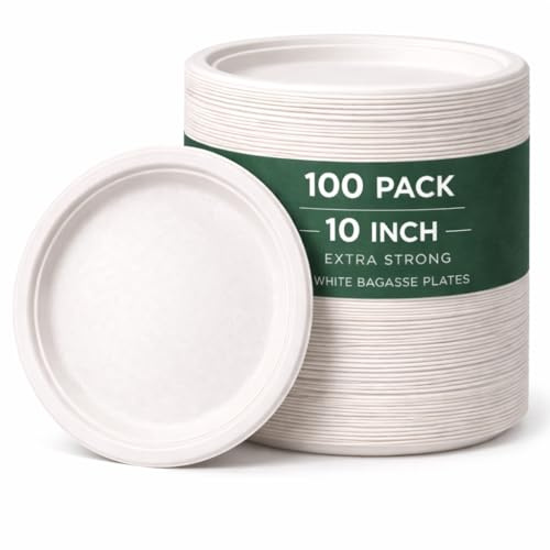 1ABOVE 100 Pack 10 Inch Extra Strong White Disposable Bagasse Plates – Compostable & Biodegradable Sugarcane Fibre Plates for BBQs, Weddings, Parties & Picnics