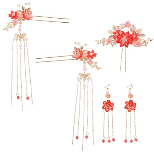 Toddmomy 5 teiliges Set rote Haarnadeln mit Blüten und Goldquasten, chinesischer Haarschmuck aus Metall, geeignet für Anfänger Mädchen, asiatische Hochzeit und festliche Events