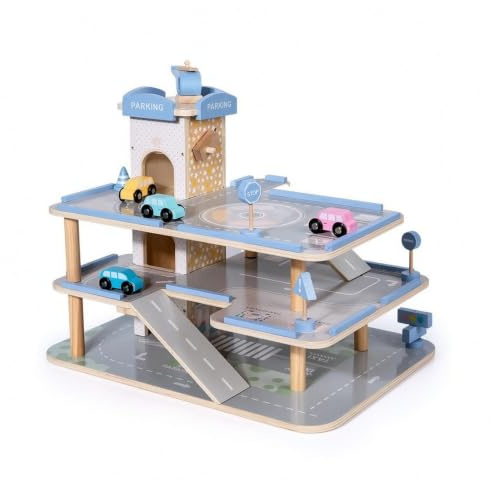 MotiveTech Parking Jouet avec Voitures Pastel Garage Jeu en Bois à 3 Étages Garage Jouet avec Rampes pour Tout-Petits