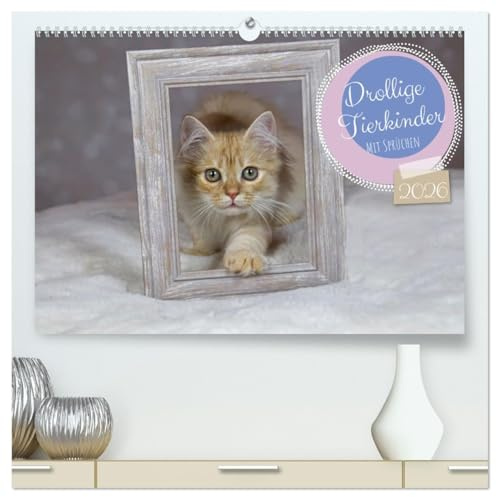 Drollige Tierkinder Mit Sprüchen (hochwertiger Premium Wandkalender 2026 DIN A2 quer), Kunstdruck in Hochglanz: Junge Hunde und Katzen beim schlafen und spielen mit Sprüchen versehen. (CALVENDO Tiere)