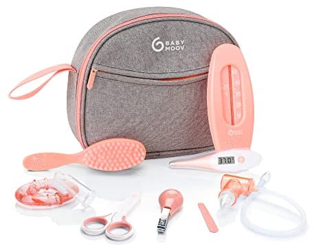 Babymoov Trousse de Soin Bébé - Dès la naissance - Grand Format - Kit Complet 9 Accessoires dont Brosse à Cheveux, Thermomètre digital, Thermomètre de bain, Coupe Ongles - Garantie à vie, Pêche