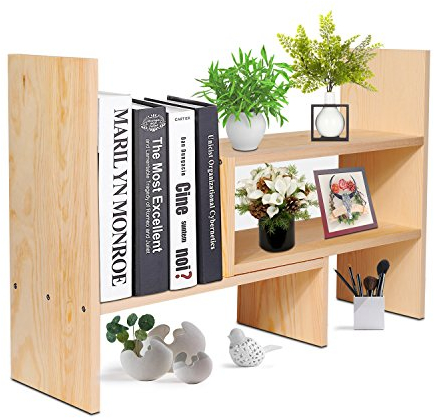 Flexzion Schreibtischregal aus natürlichem Holz, Schreibtisch-Organizer-Set, Büroaufbewahrung, verstellbar, erweiterbar, Tischzubehör, Sortierer, Bücherregal, Präsentationsständer (Beige)