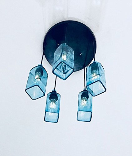 Bombay Sapphire Gin Bottle Industrial Light Fixture - Chandelier - Ceiling Lamp Made from 5 Bottles for Home & Bar Lighting Without Bulbs