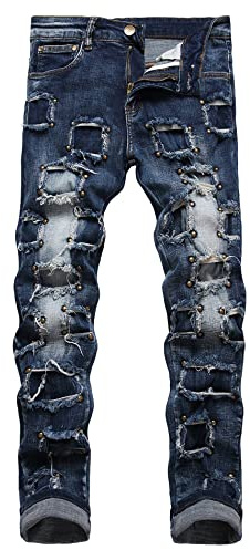 Baylvn Men's Designer Straight Slim Fit Patchwork Jeans Comfort Skinny Biker Denim Pants, 8360 Blue, 34