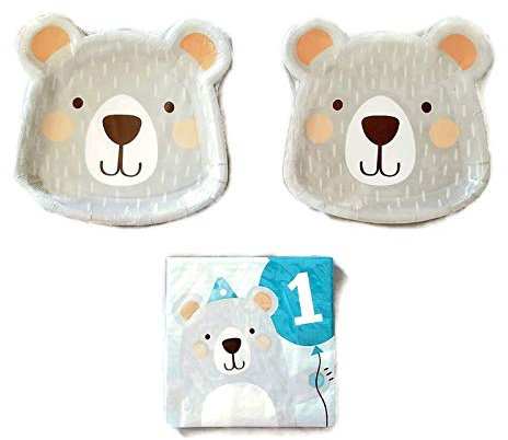 Bear 1st Birthday Party Bundle 8 Plates (16) Napkins (16)