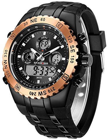 Herren Chunky Uhren Sport wasserdichte Stoppuhr Riesiges Zifferblatt, Datumsalarm, Light Digital, Analoge Militär Edelstahl Armbanduhr mit Gummiband (Roségold Schwarz)