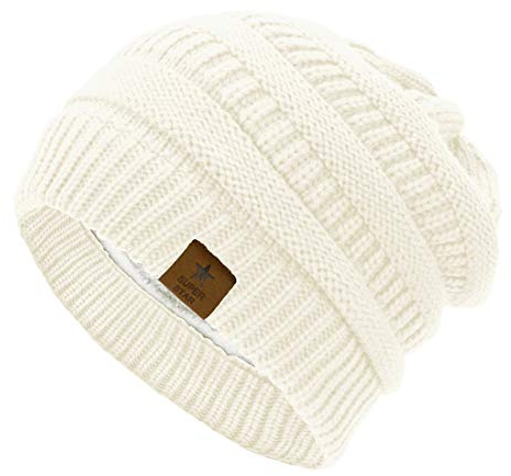 Durio Mütze Damen Winter Strickmütze Grobstrick Warme Beanie mit Innenfutter Elfenbein