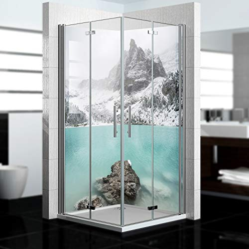 dedeco Eck-Duschrückwand wasserfest mit Berg Motiv - 2 x 90x200cm, als Badrückwand zum Fliesenersatz, für viele Bäder als Dekorwand, Wandverkleidung und Duschplatte aus Aluminium - Made in Germany