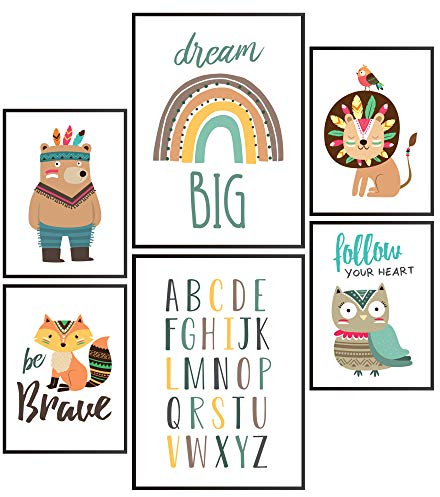 Pandawal Waldtiere Poster Regenbogen ABC Bilder Kinderzimmer Deko Junge Mädchen 6er Set für Kinder Indianer DIN A4 & A3 Wandbilder ohne Bilderrahmen
