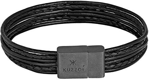 Kuzzoi Lederarmband mehrreihig für Herren, handgefertigtes Männer Leder Armband aus 925 Sterling Silber, Herren-Armband Leder 6-reihig schwarz geflochten, Magnet-Verschluß geschwärzt, Länge 21 cm