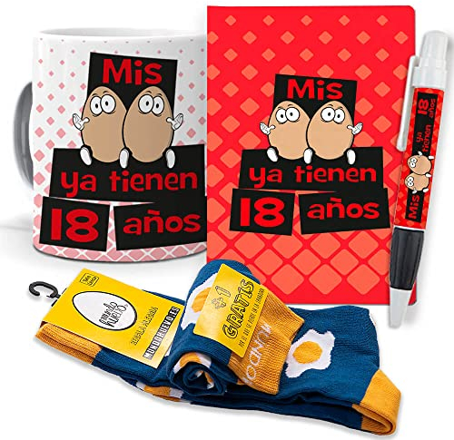 mundohuevo Super Regalo Personalizado para cumpleaños. Mis Huevos ya Tienen 18 años. Taza, libreta, boli y Trio de Calcetines