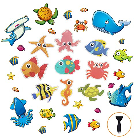 XSHAO 33 Stück Anti-Rutsch-Aufkleber, Meereslebewesen Wandtattoo Badezimmer für Badewannen Cartoon Wasserdicht Wandsticker Kinderzimmer Selbstklebend Antirutsch Aufkleber mit Premium-Schaber