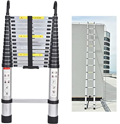 Mehrzweckleiter 4,4m Teleskopleiter mit Abnehmbarem Haken Alu-Klappleiter Rutschfester Ausziehbare Robust Stehleiter 150 kg/330 Pfund Belastbarkeit