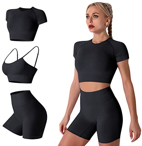 IMEKIS Damen 3 tlg Fitness Set Sport-BH mit Crop-Top und Shorts Nahtlose Yoga Kleidung Fitness Workout Outfit Frauen Slim Fit Sommer Biker Activewear Laufanzug Schwarz M